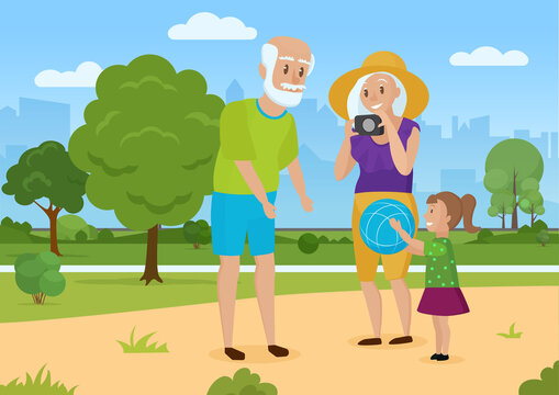Happy family on summer walk, grandparents and children vector illustration. Cartoon grandmother grandfather and girl child play together, spend fun time in playground of green city park background
