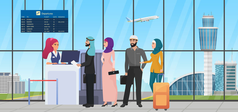 Air flight check queue with saudi arab people vector illustration. Cartoon muslim tourist characters standing in line with travel bag, airline worker checking ticket at airport gate desk background