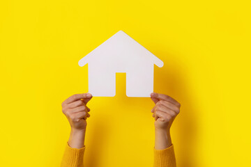 Fototapeta na wymiar hands holding house over yellow background, real estate investment concept
