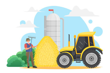 Farmer people work in village, grain harvest agriculture technology vector illustration. Cartoon happy elderly man worker character holding pitchfork, standing near farm silo tank storage and tractor © lembergvector