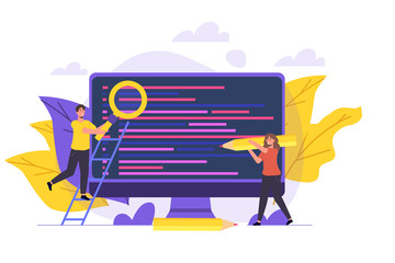 Reviewing code, software review testing, team solving errors and bugs concept. Vector illustration. - obrazy, fototapety, plakaty