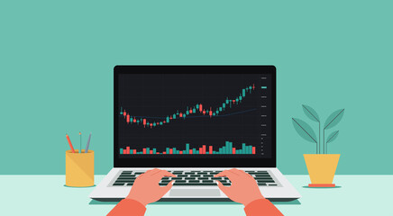 human hand using laptop computer trading cryptocurrency, forex, stock with financial chart to buy and sell for exchange market concept, vector flat illustration
