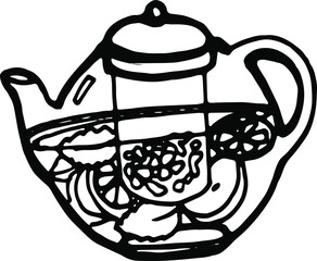 Vector hand drawn doodles tea set, tea objects, transparent teapot, tea with fruits