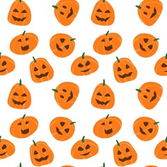 White seamless halloween background with orange pumpkin faces pattern.