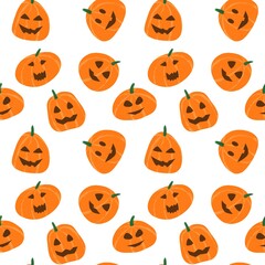 White seamless halloween background with orange pumpkin faces pattern.