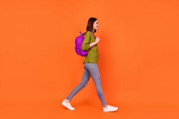 Fototapeta na wymiar Full length profile photo of nice brunette young lady go wear bag shirt jeans isolated on orange color background