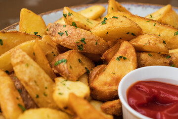 fried potatoes on the village with red sauce. fry potatoes with ketchup.