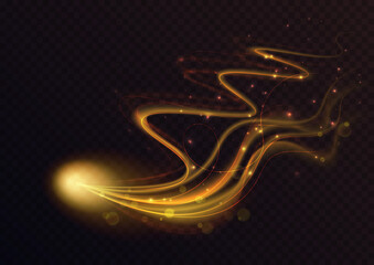 Golden flying star light effect, curve trail lines shine and glow vector illustration. Abstract magic fantasy gold waves fly, glowing tail of stardust with bokeh and sparkle particles background - obrazy, fototapety, plakaty