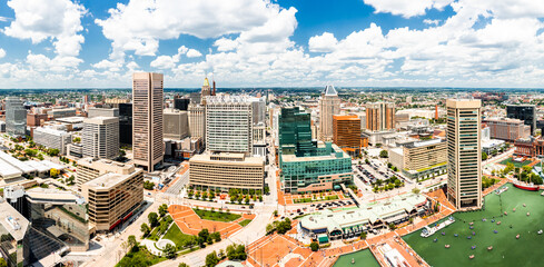Aerial panorama of Baltimore Inner Harbor and skyline. Baltimore is the most populous city in the...