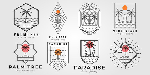 set of palm tree and paradise logo vector illustration design. bundle of tropical beach line art symbol