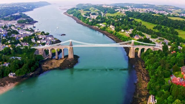 Aerial view of Telford's Suspension Bridge Across The Menai Starights - Wales, UK.