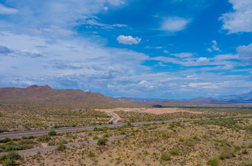 Fototapeta na wymiar Aerial view of Arizona mountains in high speed highway