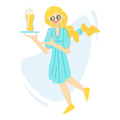 A blonde in a blue dress and glasses holds a glass of beer on a tray. The girl smiles cutely and points to the glass. Oktoberfest day. Beer, alcoholic beverage in a large pint. Vector,