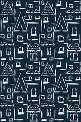 Fototapeta premium Night urban landscape vector seamless pattern. A city, south sea resort image. Hand drawn sketch style illustration. Blue berry background
