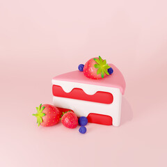 Slice of cake with strawberry on a pink background. 3d render