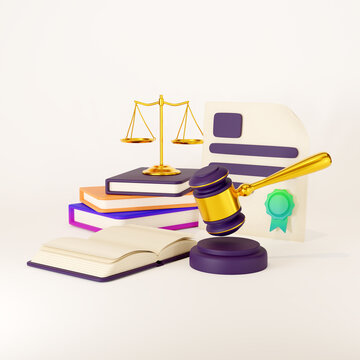 Law and justice concept. Judge gavel, scales of justice and legal books. 3d render