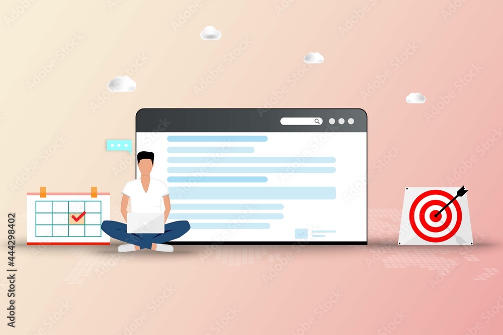 Aufkleber online application concept, a young man is searching in the internet by using laptop to find a cours