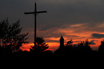 Structures with a firey red sky