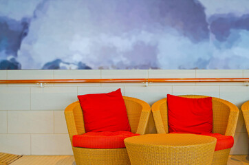 Relaxation room heated mosaic tile loungers inside spa or wellness area thermal suite onboard...