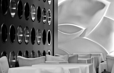 Formal elegant restaurant dining room onboard luxury cruiseship or cruise ship liner with set...