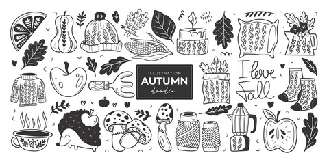 Hand drawn autumn doodle colorless illustrations. Set of cute vector objects. Illustrations for poster, background or card.