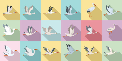 Stork icons set flat vector. Bird fly