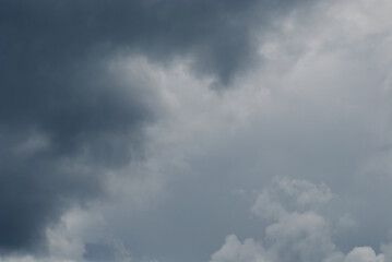 Misty and blurred dark day sky background. Heavy cloud formation in stormy sky, strong wind and hard rain. Rainy season summer day atmosphere.