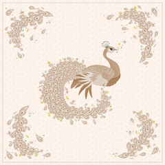 Peacock plate design on geometric background. Traditional pattern. Vector illustration.