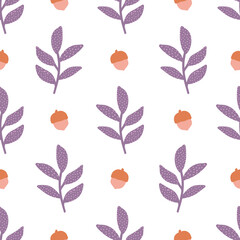 Fall Acorns and Purple Polka Dot Leaves Geometric Seamless Pattern Background