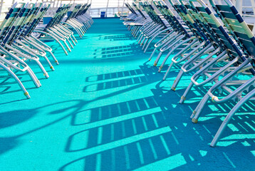 Terrace or patio or balcony on outdoor deck of luxury  cruiseship or cruise ship liner with wooden...