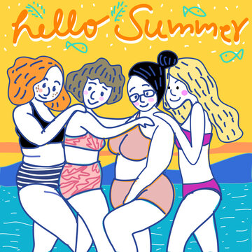 group of girls friend in bikini on the beach in summer with blue sea mountain and sunset sky hand drawn cartoon vector.best friends group.
