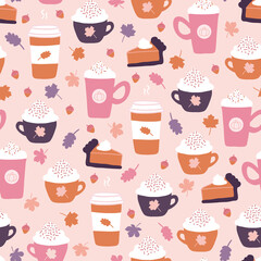 Autumn Pumpkin Spice Latte and Pumpkin Pie Seamless Pattern Background