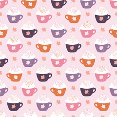 Fall Pink Pumpkin Spice Latte and Maple Leaves Seamless Pattern Background