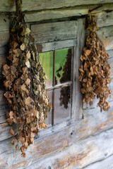 Old Traditional Latvian Sauna House with dried Sauna Broom as Decor