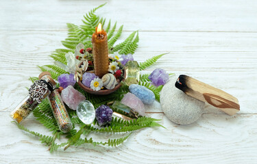 candle, plants, minerals, palo santo - Magical items for home protection, aura cleansing, ...