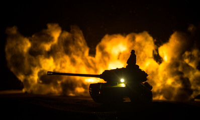 War Concept. Military silhouettes fighting scene on war fog sky background, World War Soldiers...