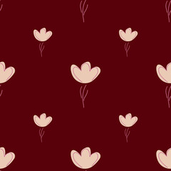 Fototapeta na wymiar Modern nature seamless pattern with minimalistic flower pink silhouettes. Maroon background. Doodle print.