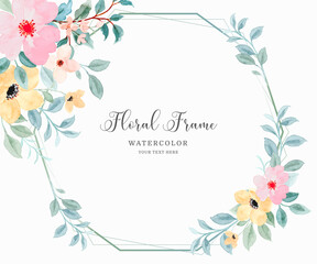 Yellow pink floral frame background with watercolor