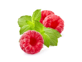 Ripe Raspberries with fresh mint leaves Isolated on White Background