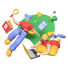 Girls studying at the laptop - colorful 3D style illustration