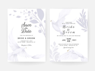 wedding invitation card set with hand painted white dove and floral watercolor