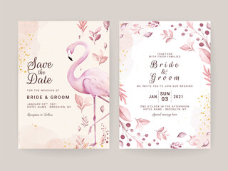 wedding invitation card set with hand painted pink flamingo and floral watercolor © KeepMakingArt