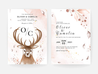 wedding invitation card set with hand painted deer head and floral watercolor