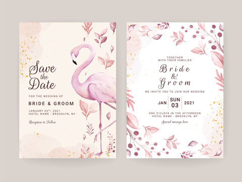 wedding invitation card set with hand painted pink flamingo and floral watercolor - Powered by Adobe