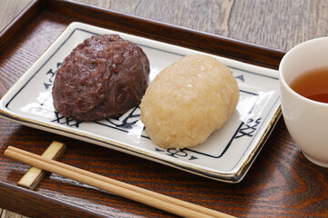 kohaku ohagi; pounded rice covered by sweetened red and white adzuki bean paste, japanese traditional dessert
