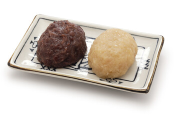 kohaku ohagi; pounded rice covered by sweetened red and white adzuki bean paste, japanese traditional dessert
