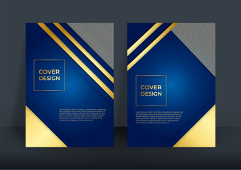 Modern blue and gold design template for poster flyer brochure cover. Graphic design layout with triangle graphic elements and space for photo background