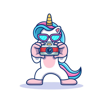 Unicorn with Camera. Animal Vector Icon Illustration, Isolated on Premium Vector