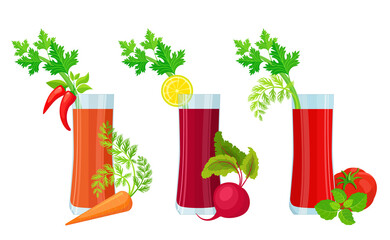 Vegetable juices from carrots, beets and tomatoes. Vegetable smoothies, cocktails. Concept of healthy eating, vegetarianism, lifestyle, diet and weight loss. Vector isolated on white background.