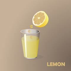 Vector illustration of glass with lemon juice, sliced lemon and vitamin C.
